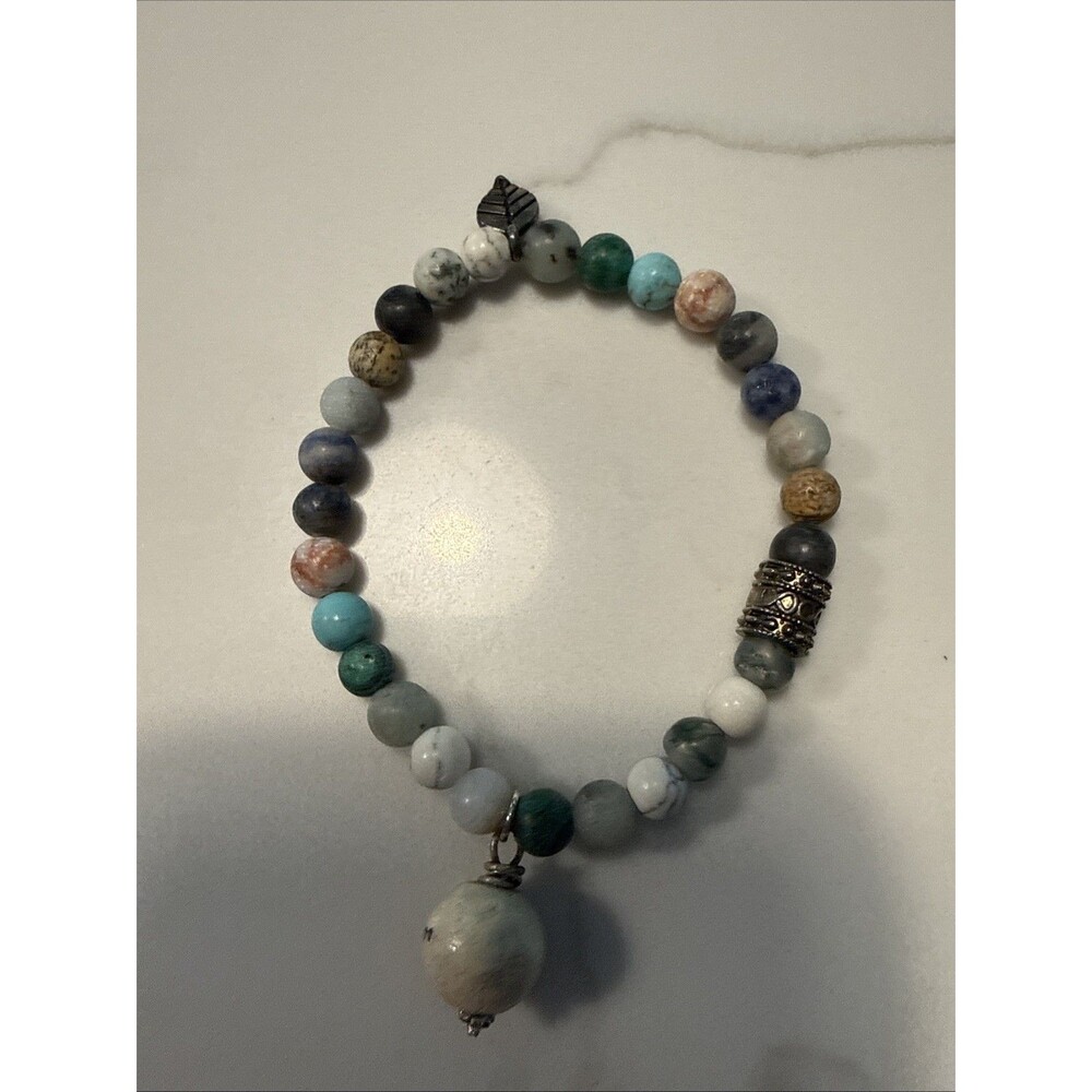 Multicolor Natural Stone Beaded Stretch Bracelet With Leaf Charm And Stone Charm